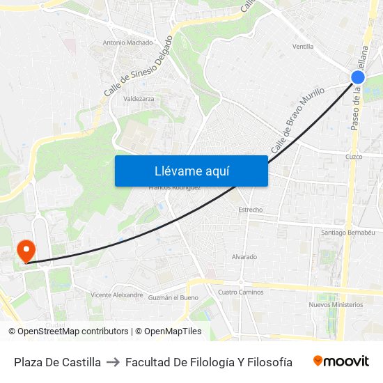 Plaza De Castilla to Facultad De Filología Y Filosofía map