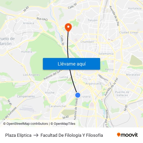 Plaza Elíptica to Facultad De Filología Y Filosofía map