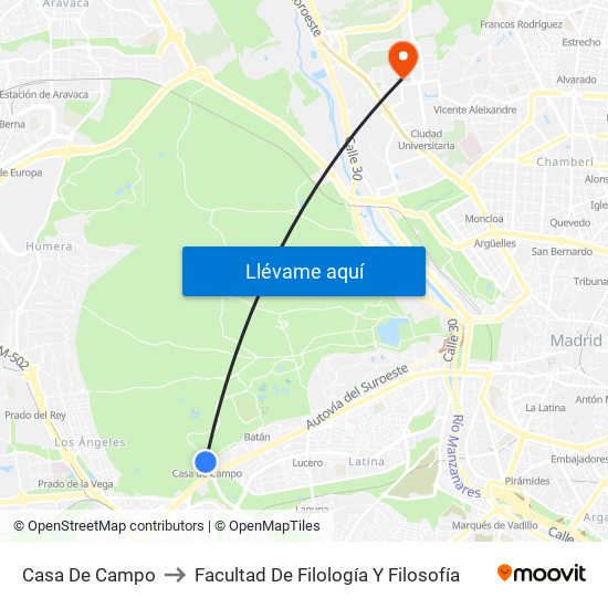 Casa De Campo to Facultad De Filología Y Filosofía map