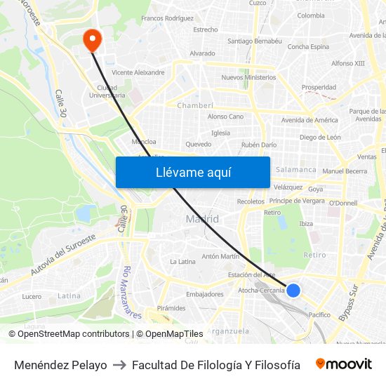 Menéndez Pelayo to Facultad De Filología Y Filosofía map