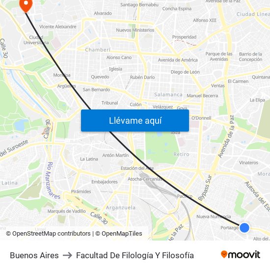 Buenos Aires to Facultad De Filología Y Filosofía map