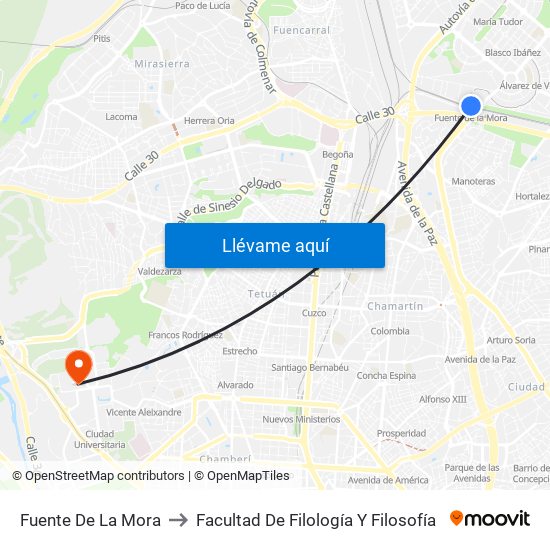 Fuente De La Mora to Facultad De Filología Y Filosofía map