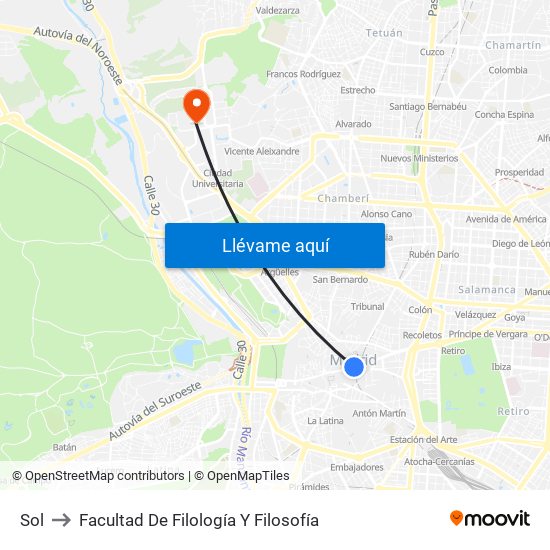 Sol to Facultad De Filología Y Filosofía map