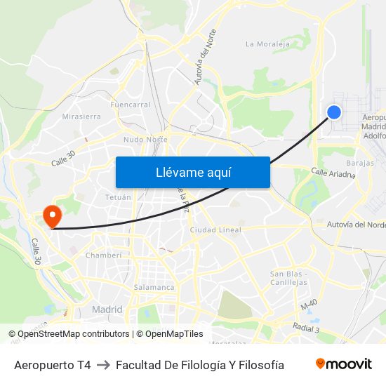 Aeropuerto T4 to Facultad De Filología Y Filosofía map