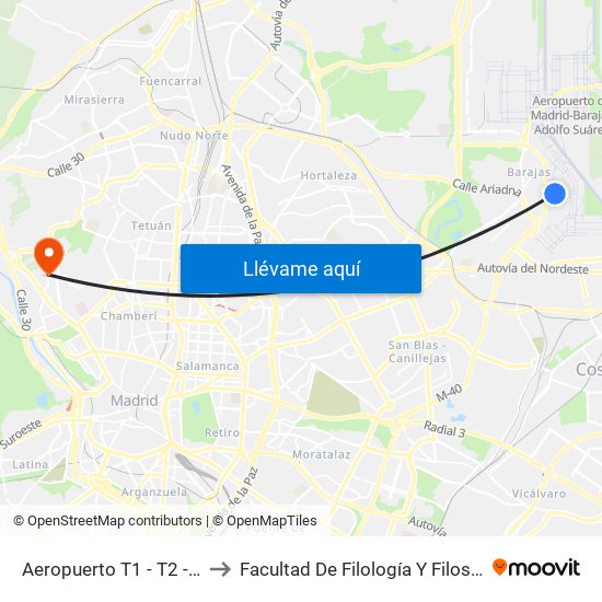 Aeropuerto T1 - T2 - T3 to Facultad De Filología Y Filosofía map