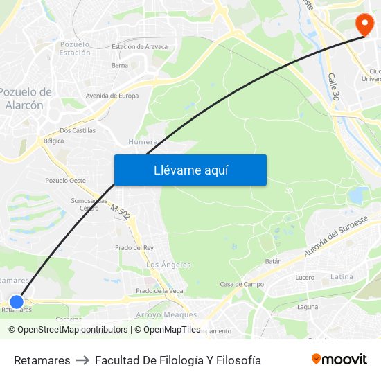 Retamares to Facultad De Filología Y Filosofía map