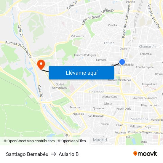 Santiago Bernabéu to Aulario B map