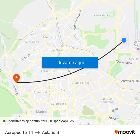 Aeropuerto T4 to Aulario B map