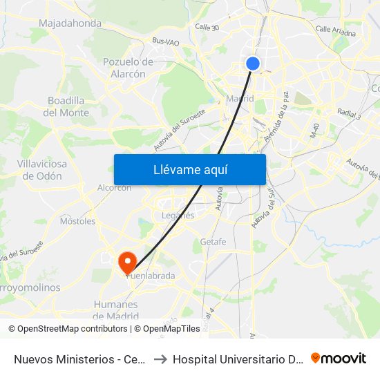 Nuevos Ministerios - Centro Comercial to Hospital Universitario De Fuenlabrada. map