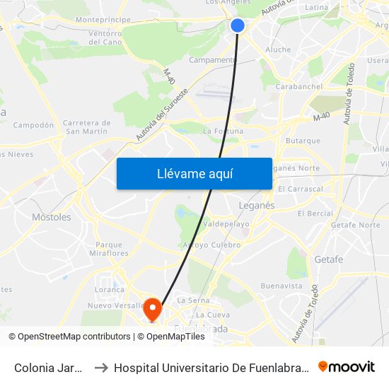 Colonia Jardín to Hospital Universitario De Fuenlabrada. map