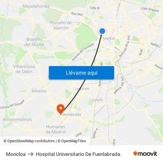 Moncloa to Hospital Universitario De Fuenlabrada. map