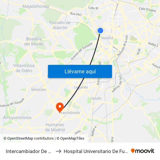 Intercambiador De Moncloa to Hospital Universitario De Fuenlabrada. map