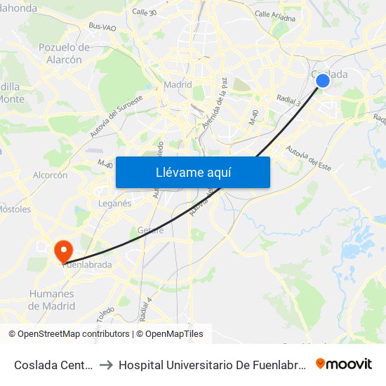Coslada Central to Hospital Universitario De Fuenlabrada. map