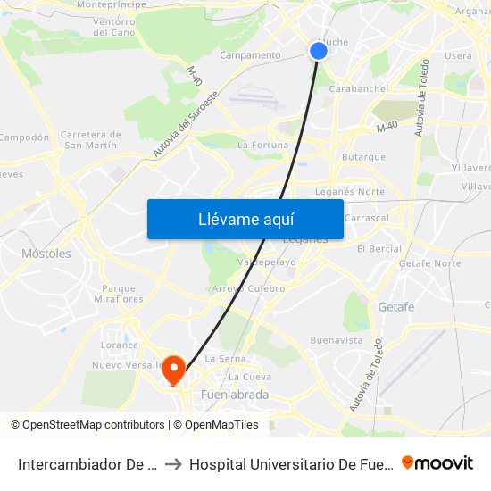Intercambiador De Aluche to Hospital Universitario De Fuenlabrada. map