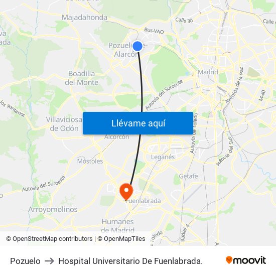Pozuelo to Hospital Universitario De Fuenlabrada. map