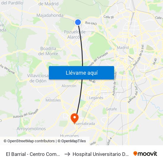 El Barrial - Centro Comercial Pozuelo to Hospital Universitario De Fuenlabrada. map