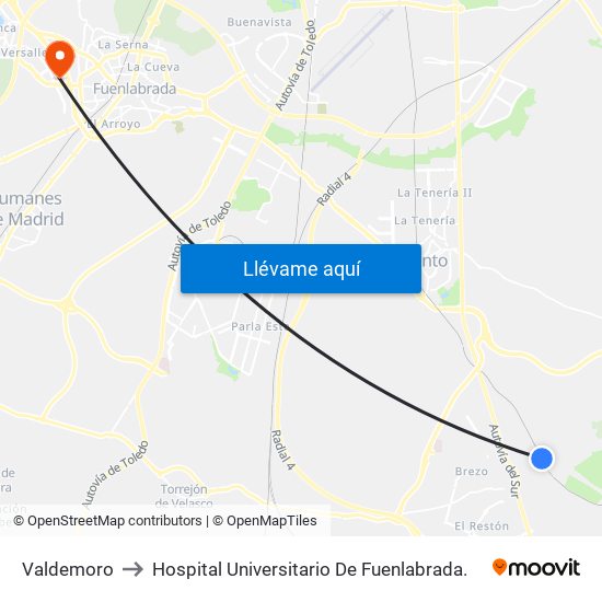 Valdemoro to Hospital Universitario De Fuenlabrada. map