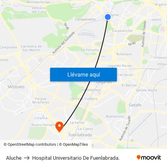 Aluche to Hospital Universitario De Fuenlabrada. map
