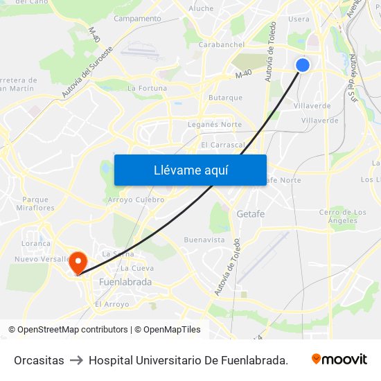 Orcasitas to Hospital Universitario De Fuenlabrada. map