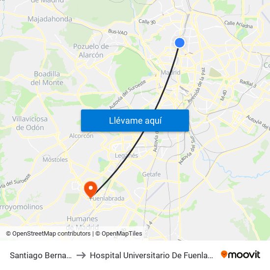 Santiago Bernabéu to Hospital Universitario De Fuenlabrada. map