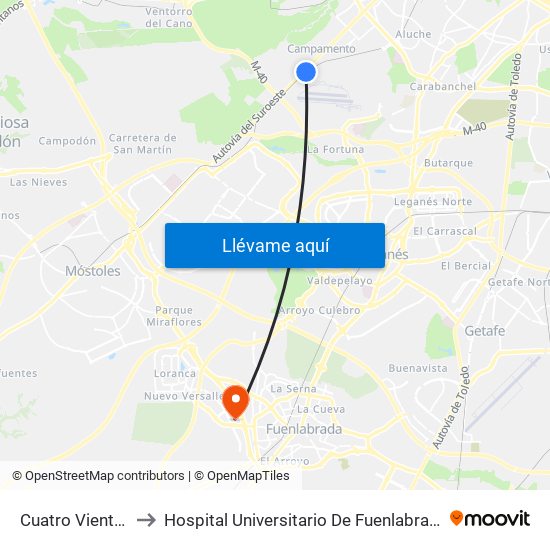 Cuatro Vientos to Hospital Universitario De Fuenlabrada. map
