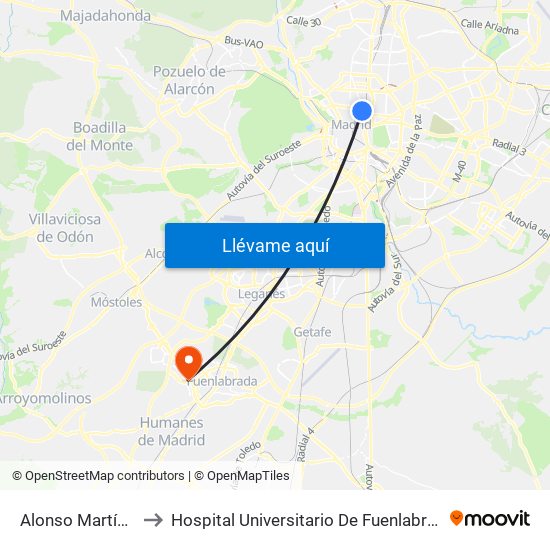 Alonso Martínez to Hospital Universitario De Fuenlabrada. map