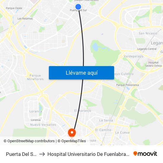 Puerta Del Sur to Hospital Universitario De Fuenlabrada. map