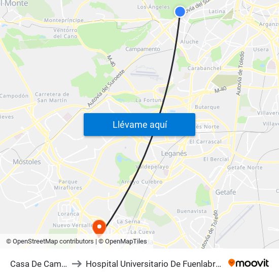 Casa De Campo to Hospital Universitario De Fuenlabrada. map