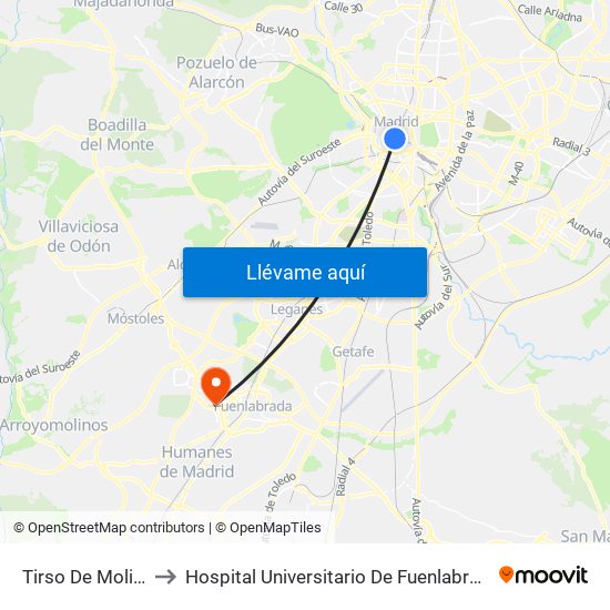 Tirso De Molina to Hospital Universitario De Fuenlabrada. map