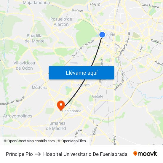 Príncipe Pío to Hospital Universitario De Fuenlabrada. map