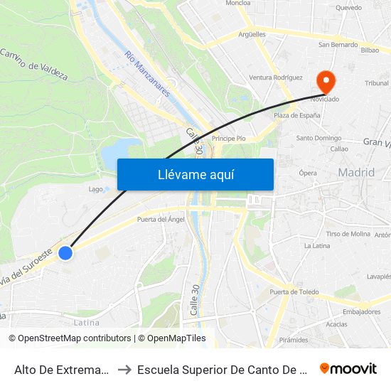 Alto De Extremadura to Escuela Superior De Canto De Madrid map