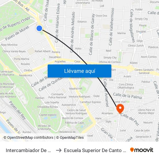 Intercambiador De Moncloa to Escuela Superior De Canto De Madrid map