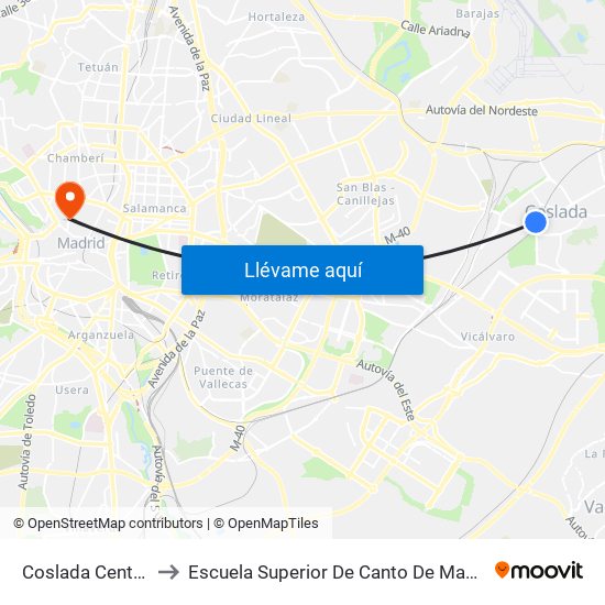 Coslada Central to Escuela Superior De Canto De Madrid map