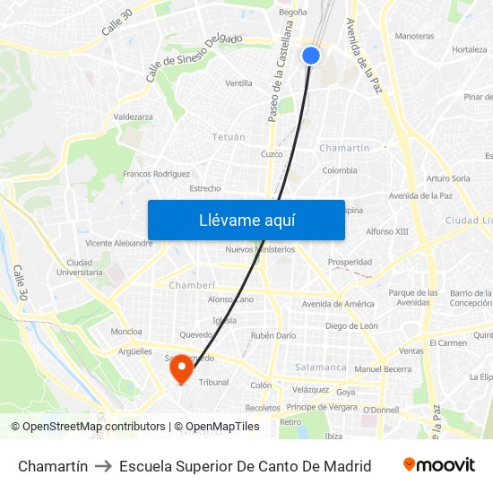 Chamartín to Escuela Superior De Canto De Madrid map