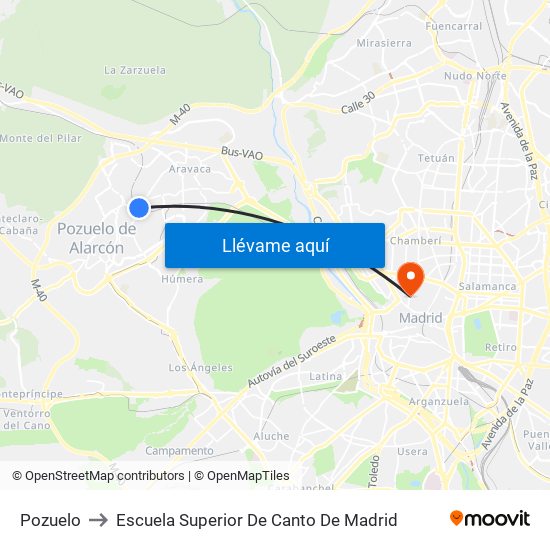 Pozuelo to Escuela Superior De Canto De Madrid map