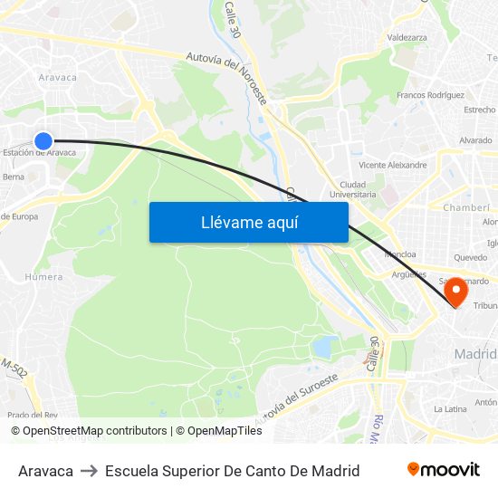 Aravaca to Escuela Superior De Canto De Madrid map