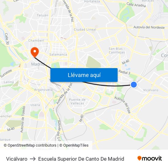 Vicálvaro to Escuela Superior De Canto De Madrid map