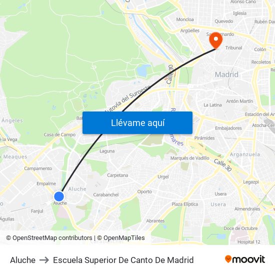 Aluche to Escuela Superior De Canto De Madrid map