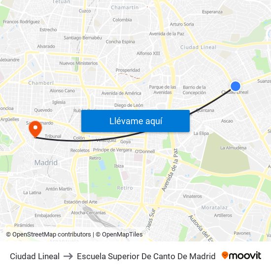 Ciudad Lineal to Escuela Superior De Canto De Madrid map