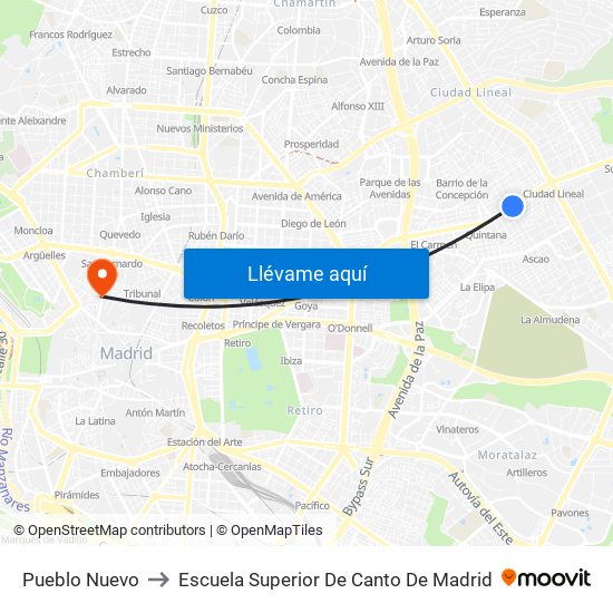 Pueblo Nuevo to Escuela Superior De Canto De Madrid map