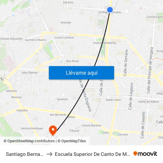 Santiago Bernabéu to Escuela Superior De Canto De Madrid map