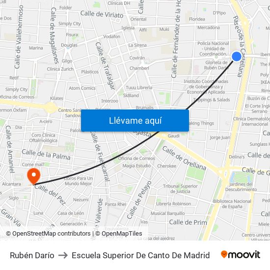 Rubén Darío to Escuela Superior De Canto De Madrid map