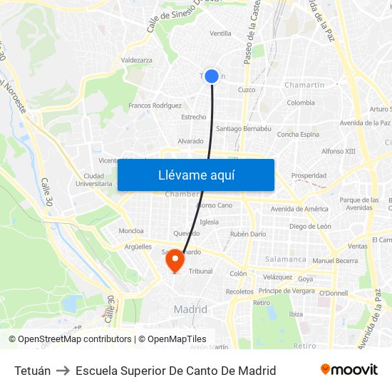 Tetuán to Escuela Superior De Canto De Madrid map