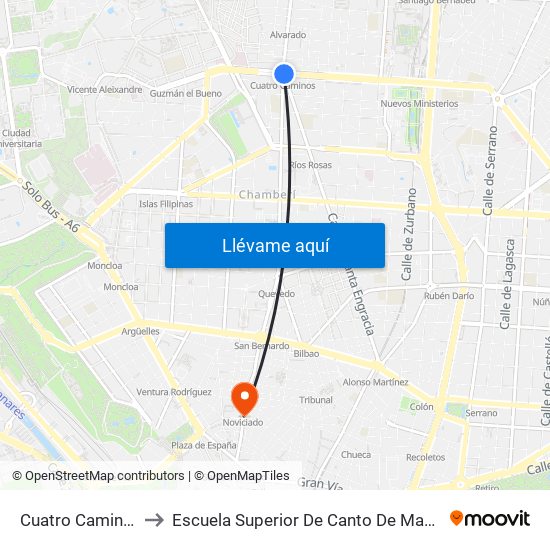 Cuatro Caminos to Escuela Superior De Canto De Madrid map