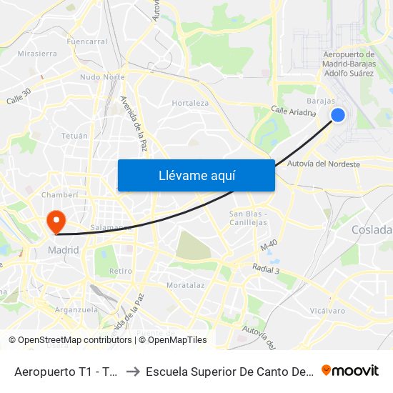 Aeropuerto T1 - T2 - T3 to Escuela Superior De Canto De Madrid map