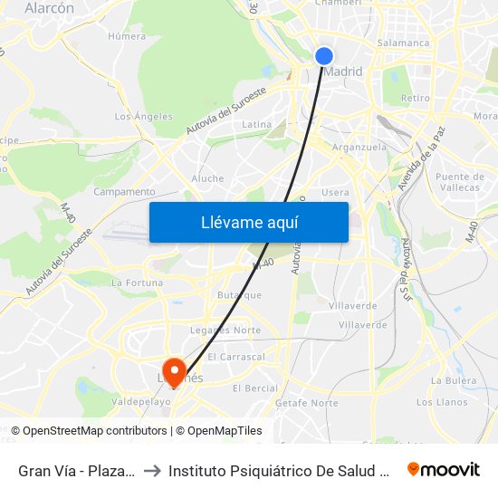 Gran Vía - Plaza De España to Instituto Psiquiátrico De Salud Mental José Germain map