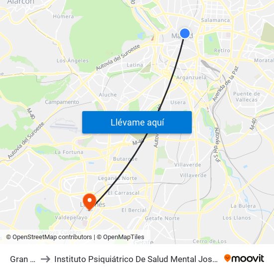 Gran Vía to Instituto Psiquiátrico De Salud Mental José Germain map
