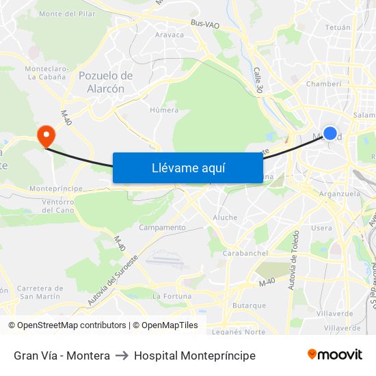 Gran Vía - Montera to Hospital Montepríncipe map