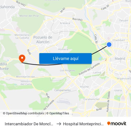 Intercambiador De Moncloa to Hospital Montepríncipe map