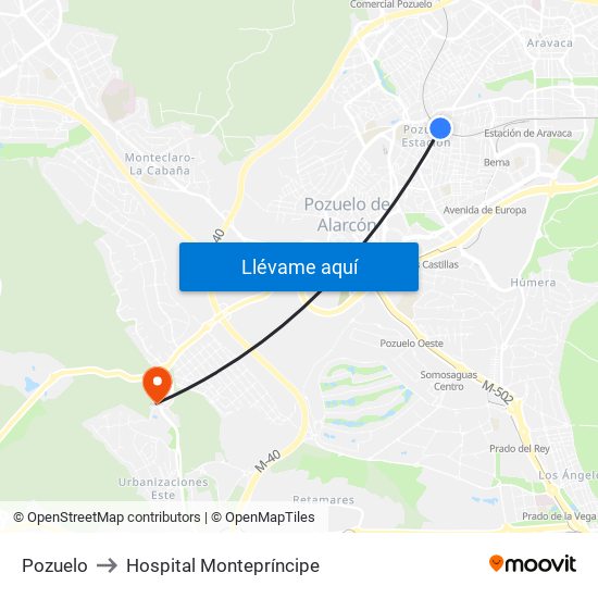 Pozuelo to Hospital Montepríncipe map